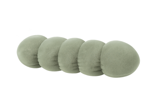 Five greenish-gray round makeup puff pouches arranged in line for powder application