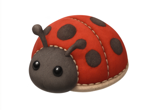 Soft red ladybug plush toy with black spots and beige stitching