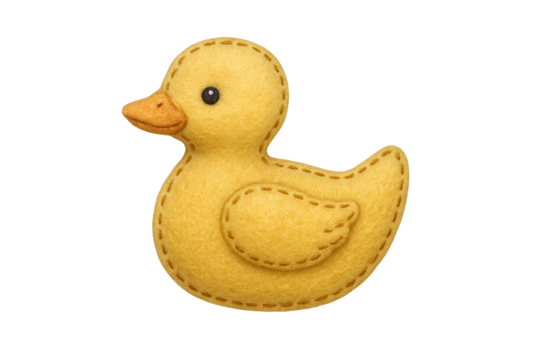 Soft yellow felt duck toy with stitched edges, orange beak, and black eye