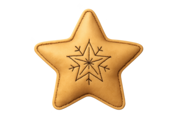 Golden star-shaped cookie with stitched border and inner star pattern, soft, festive decorative pastry