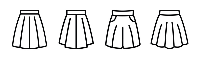 Four styles of pleated midi skirts sketched in a simple outline design perfect for fashion concepts