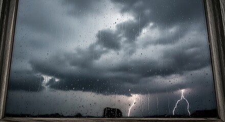 Ethereal lightning storm through a weathered windowpane evoking nature's raw power and introspective reflection