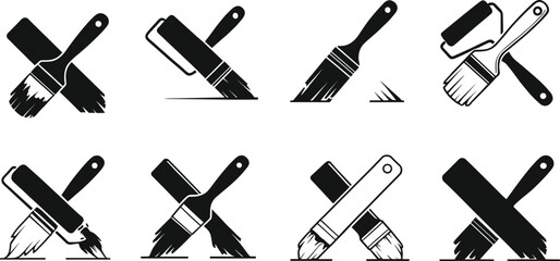 Paint brush and roller vector icons, black and white painting tools, home improvement symbols, construction equipment, renovation graphics, flavector
