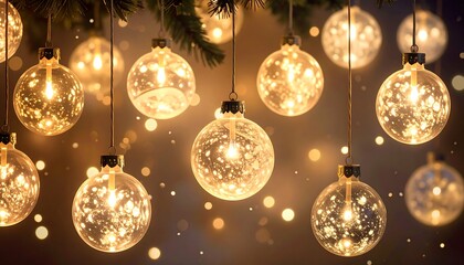 A close-up showcases luminous, clear orbs with internal twinkling lights, suspended against a blurred backdrop of bokeh lights and pine branches