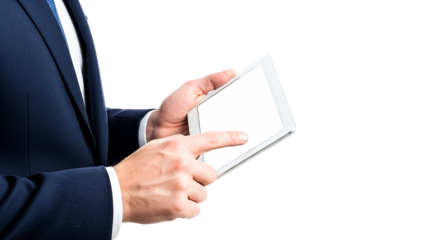 A professional man in a suit holds and interacts with a modern tablet, showcasing business technology usage.