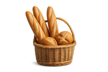 Woven wicker basket holds several golden baguettes and round rolls against transparent background