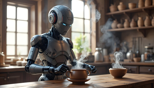 Humanoid Robot Serving Coffee in a Rustic Kitchen, Blending Future Technology with Home Comfort.