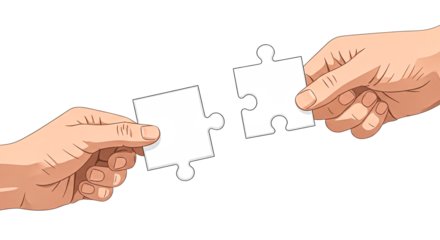 Illustration of two hands holding puzzle pieces, symbolizing teamwork, partnership, and problem-solving in a minimalist style.