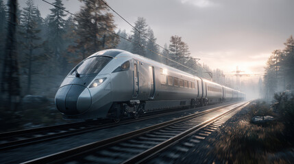 Fototapeta premium Modern high speed train gliding through misty forest at dawn with sleek silver carriages and overhead electric lines, conveying motion and serene early morning atmosphere