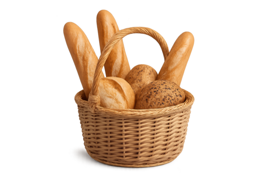 Wicker basket filled with assorted bread rolls and baguettes