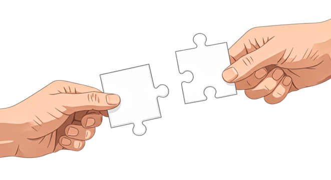Illustration of two hands holding puzzle pieces, symbolizing teamwork, partnership, and problem-solving in a minimalist style.