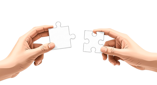 Two hands joining jigsaw puzzle pieces, representing partnership, teamwork, and collaboration in a minimalist design.