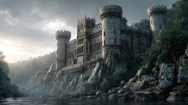A photorealistic medieval castle on cliffside, stone fortress overlooking river, dramatic moody sky, mossy rock, forested slopes, cinematic lighting