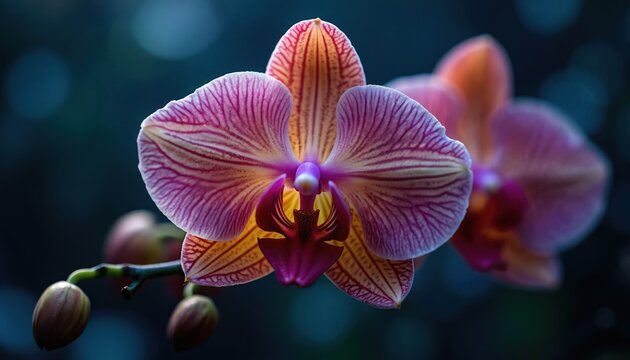 Close-up of pink, yellow orchid blooming with detailed petals, unopened buds. Dark background with soft bokeh lights accentuates delicate exotic floral beauty. Tropical plant thrives in soft light.