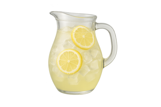 Clear glass pitcher with lemon slices and ice in pale yellow lemonade, refreshing cold drink