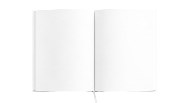 Blank notebook with white pages open, ready for notes or sketches, clean and minimalistic design. Ideal for writing.