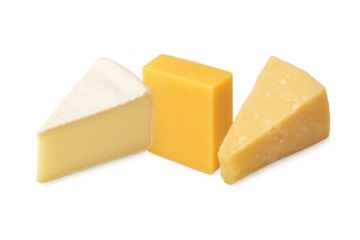 Three cheese wedges, soft white-rind, orange block, and hard pale wedge