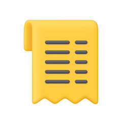 Yellow cash receipt, bill check or invoice with black text lines. Finance, banking, payment transaction, accounting, shopping and business concept. 3d vector icon. Cartoon minimal style.