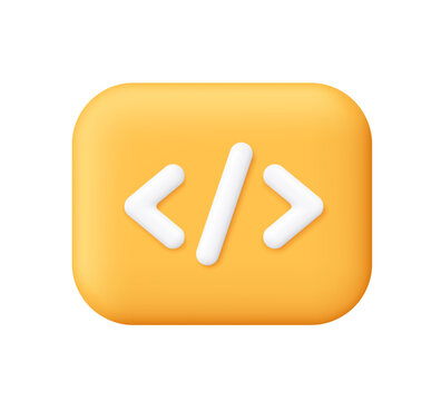 White coding symbol on yellow square button. Python or Java Api symbols. Code or programming tags. Programming, coding and web development concept. 3d vector icon. Cartoon minimal style.