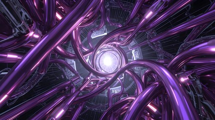 Fototapeta premium Futuristic Purple Tubes Converging Toward Light in Abstract Tech Grid. 