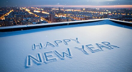 Happy New Year Written in Snow Over a Cityscape at Dusk