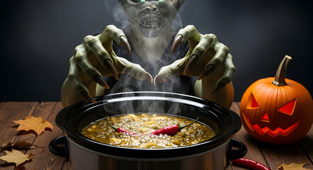 Creepy monster hands reaching toward bubbling green chili in a crockpot. Use for Halloween food event posters cook-off marketing horror-themed promotions fall festival advertising with copy 24752633 1