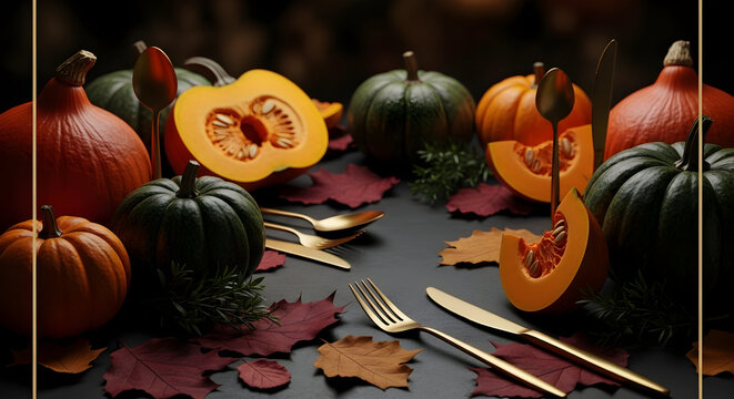 Dark luxury Thanksgiving background with pumpkins leaves and gold utensils. Perfect for menus event flyers invitations and restaurant branding. Includes copy space 29482008 1