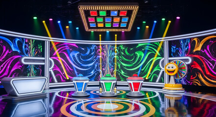 Bright colorful game show television stage with podiums and buttons under lights in a playful environment 57882561 1