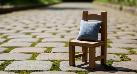 Miniature wooden chair with pillow on stone path, peaceful countryside scene