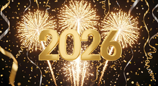 Bright gold 2026 design with fireworks confetti and ribbon streamers. Great for festive advertising elegant invitations holiday event marketing and social media campaigns 54957365 1