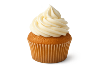 Golden cupcake with swirled vanilla frosting on transparent background