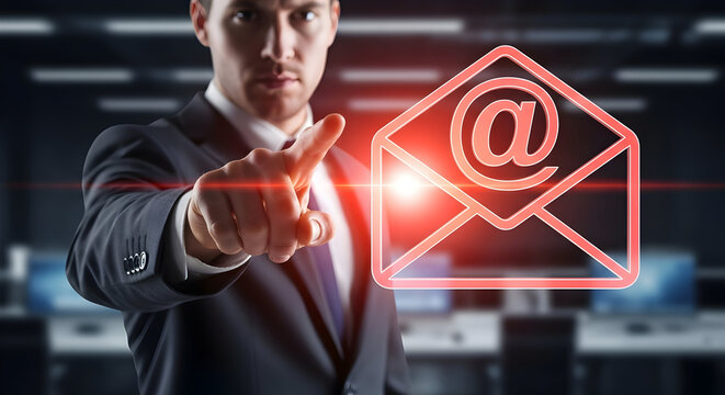 Businessman pointing at glowing red email icon symbolizing communication access or urgent digital inbox action 50403368 1