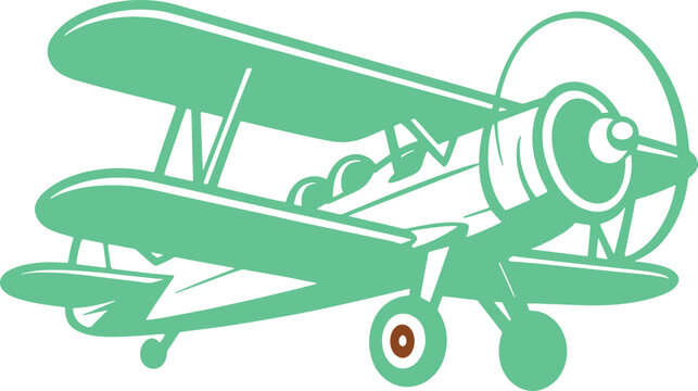 Green biplane aircraft with propeller and wheels on white background airplane aviation