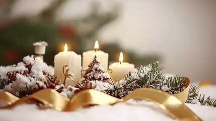 Soft glowing Christmas atmosphere showing candlelight, golden ribbons, and snowy particles