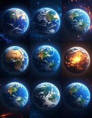 A collection of various stylized depictions of planet Earth in space. Diverse perspectives showcase continents and atmospheric effects