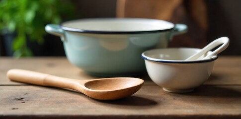 Nostalgic Kitchen Utensils in a Rustic Setting A still life arrangement of vintage kitchen utensils, including a wooden spoon, an enamel colander, and a ceramic bowl, placed on a rustic, worn wooden