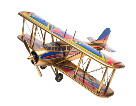 Vintage Biplane Model Golden With Red Blue Yellow Decorative Stripes On Wings And Fuselage Isolated On Transparent Background