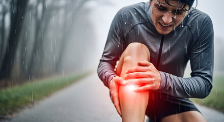 Close-up of runner holding injured ankle with highlighted pain area while exercising on cold rainy day 21275474 1