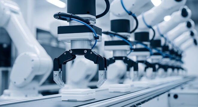Close-up abstract shot of a series of articulated robotic hands/grippers moving in synchronization on an automated assembly line, clean factory background, advanced robotics.
