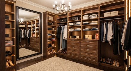 Elegant walk-in closet with custom dark wood cabinetry, organized clothing storage, a large mirror, and a classic chandelier