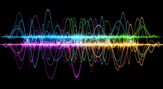 Colorful glowing sine waves representing Fourier transform principles. Use for technology advertising education in signal theory science communication and digital innovation visuals 57890744 1