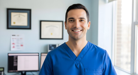 Confident Male Healthcare Professional Wearing Blue Scrubs Smiling In Bright Medical Office 30703417 1