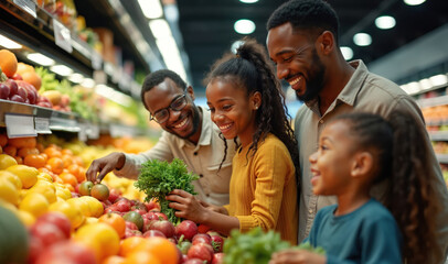 African american family happily shops for fresh produce in supermarket aisle. Parents and kids select fruits and vegetables together, sharing smiles and choosing healthy foods for their home.