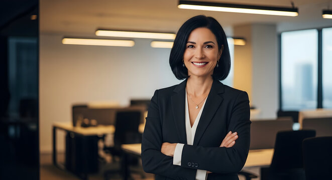 Confident smiling middle aged business woman attorney 45 years old lady entrepreneur mature female professional executive manager leader standing arms crossed in office looking at camera 42822433 1