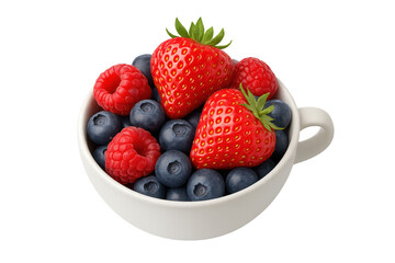 White cup filled with fresh strawberries, blueberries, and raspberries