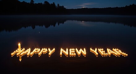 Happy New Year lit by candles on a lake