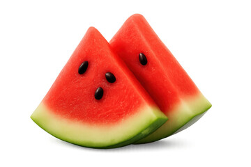 Two triangular watermelon slices with red flesh, black seeds, and green rind on transparent background