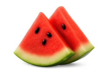 Two triangular watermelon slices with red flesh, black seeds, and green rind on transparent background
