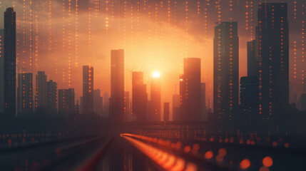 Futuristic city skyline at sunset with glowing lights and digital elements creating vibrant atmosphere