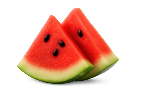 Two triangular watermelon slices with red flesh, black seeds, and green rind on transparent background